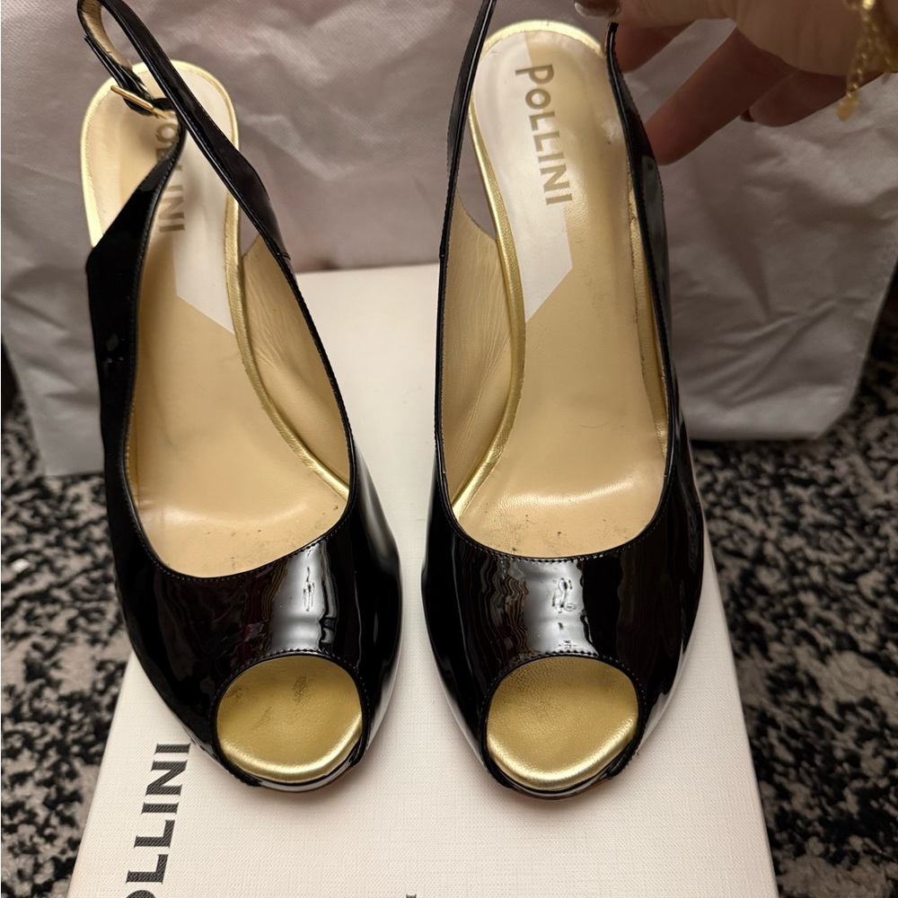 Pollini Black Patent Peep-Toe Heels